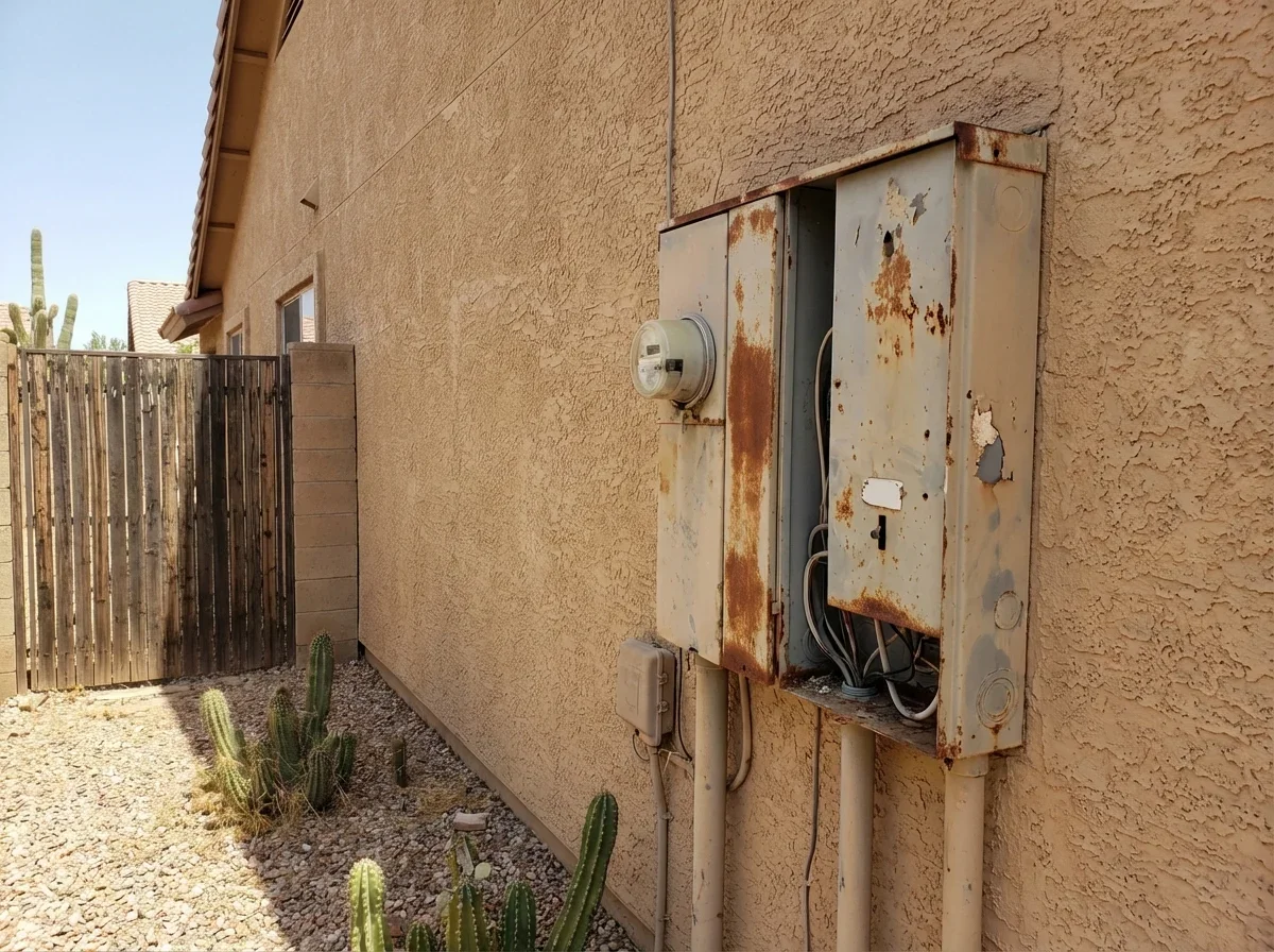 Outdated commercial electrical panel showing wear requires professional upgrade for safety